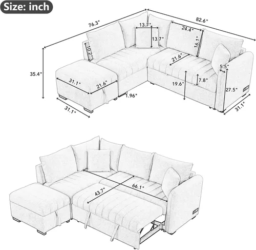 Vista 2 de P PURLOVE Sofá cama modular en forma de L de 82.6 pulgadas, sofá cama convertible con almacenamiento móvil, sofá cama extraíble con dos puertos USB