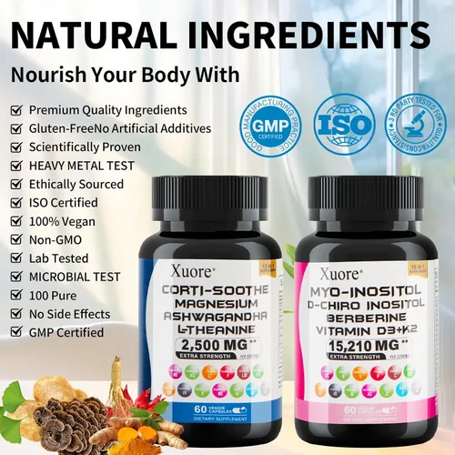 Vista 4 de Paquete de suplemento de cortisol y mio-inositol con ashwagandha, magnesio, l-teanina, d-chiro inositol, folato, berberina, casteberry para aliviar