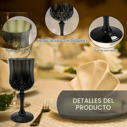 Vista 5 de 24 piezas de copas de vino de plástico negro, copas de vino de plástico reutilizables, copa negra tipo cáliz, vasos duraderos y resistentes que se