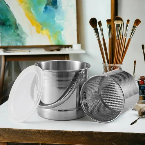 Vista 4 de Herramientas limpiadoras de pinceles de pintura, arandela de cepillo de acero inoxidable con colador extraíble y tapa a prueba de polvo, taza