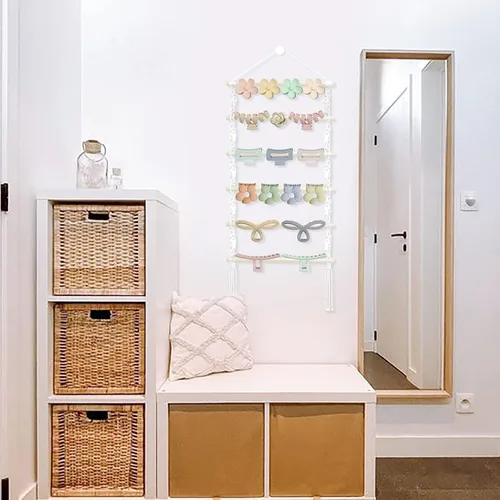 Vista 4 de Organizador de pinzas para el cabello, soporte colgante de macramé para el cabello y almacenamiento para niñas, colgador de clips de garra