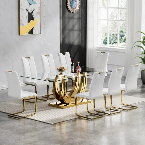 Vista 11 de Juego de mesa de comedor de cristal dorado moderno de 70 pulgadas para 4, juego de mesa rectangular de 5 piezas con base de acero en forma de anillo