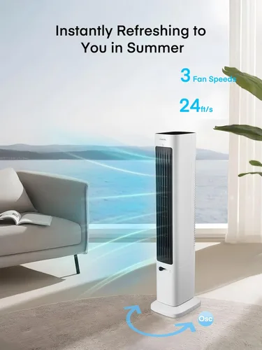 Vista 5 de FOHERE Ventilador de torre oscilante y calentador de espacio en uno para uso en interiores, ventilador de alta velocidad y calentador de seguridad