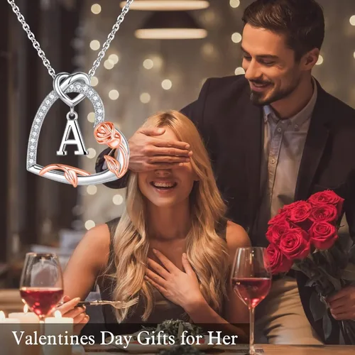 Vista 2 de Regalos para el día de San Valentín para ella, collares con inicial de corazón de rosa, regalos para mujeres, adolescentes, niñas, collar con dije