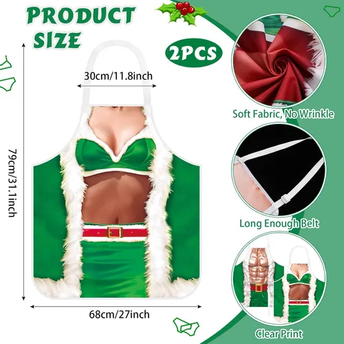 Vista 3 de 4 Piezas de Delantales de Navidad con Sombreros para Mujeres y Hombres, Delantales de Cocina Ajustables Divertidos para Cocinar para BBQ y Fiesta