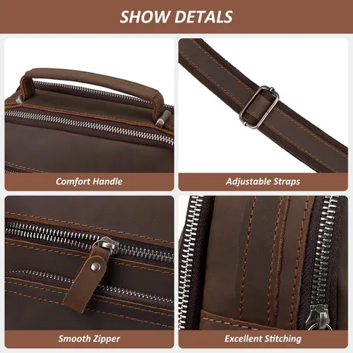Vista 6 de HUMERPAUL Bolso de mensajero de cuero para hombres y mujeres, bolso de mano cruzado para el trabajo y negocios, Café Mh573