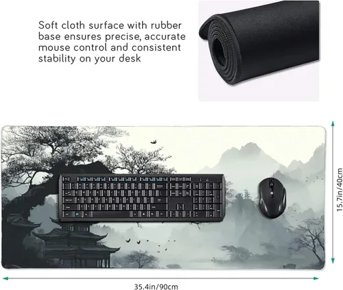 Vista 3 de Alfombrilla extendida para mouse, diseño de paisaje de pintura de tinta china, 35.4x15.7 pulgadas, tapete para teclado de juegos con bordes cosidos