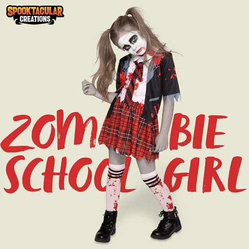 Vista 2 de Spooktacular Creations Disfraz de colegiala zombi, disfraz de zombi sangriento para niños, Halloween, escuela, fiesta de eventos