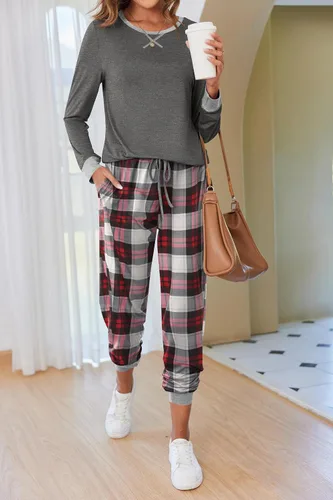 Vista 3 de Ekouaer Conjunto de pijama para mujer, de manga larga, cuello redondo, cómodo, con bolsillos