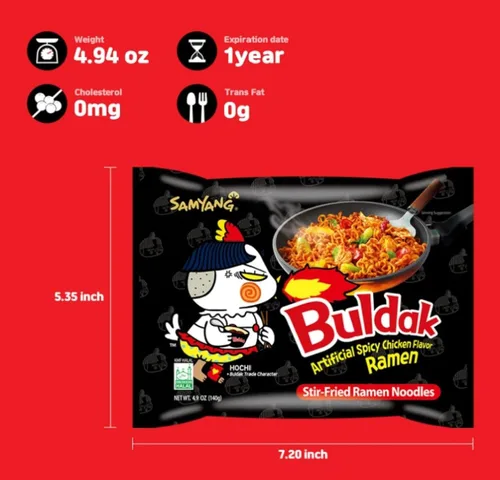 Vista 4 de Samyang - Fideos asados de ramen de pollo picante, Buldak sabor a pollo picante artificial, 4.94 onzas (5 paquetes), color negro