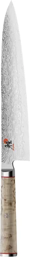 Vista 6 de Miyabi Birchwood SG2 Cuchillo de chef japonés, 8 pulgadas, cuchillo de cocina de chef, mango de abedul kárelio, patrón de damasco floral de 100