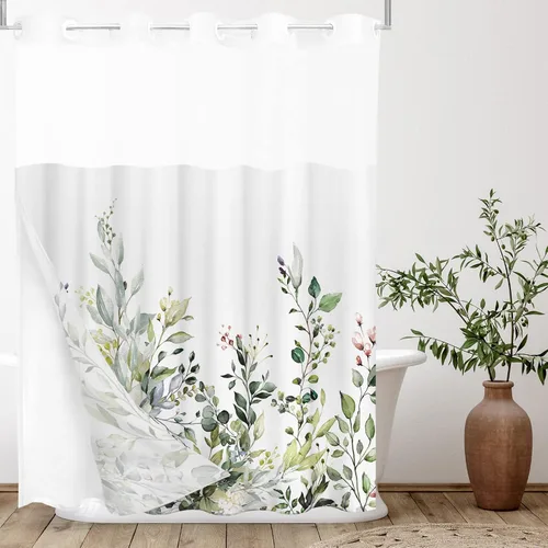 Vista 35 de Tititex - Juego de cortinas de ducha de eucalipto negro, hojas de acuarela gris en la parte superior, con decoración floral de baño, 60 x 72
