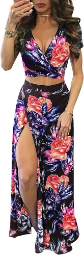 Vista 2 de Aro Lora Vestido largo de dos piezas con cuello en V abierto al costado y estampado floral para mujer