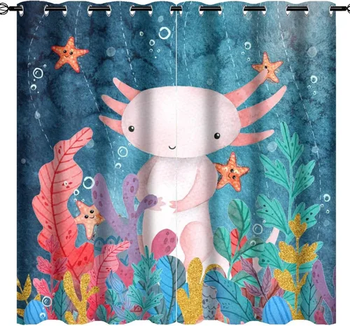 Vista 9 de Cortinas abstractas de ajolote con diseño de galaxia colorida y peces, con aislamiento térmico, oscurecimiento de habitación completa, para sala