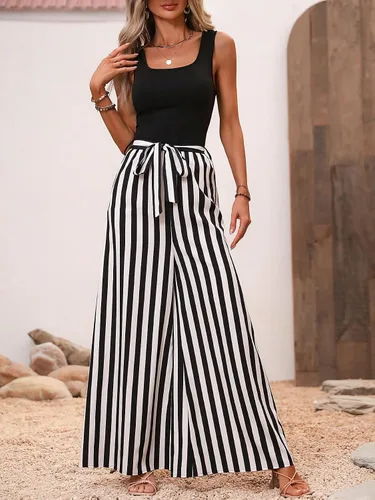 Vista 5 de WDIRARA Pantalones de punto acanalado de pierna ancha con cuello cuadrado a rayas para mujer