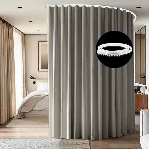 Vista 16 de Divisor de habitación con rieles para cortinas montadas en el techo, juego extra ancho de cortinas opacas con rieles flexibles para dormitorio