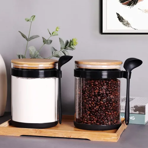 Vista 7 de 2 recipientes grandes de cocina de vidrio con cuchara y tapas herméticas de bambú, recipiente de almacenamiento de vidrio de 100 onzas para harina
