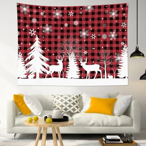 Vista 2 de HVEST Tapiz de nieve de invierno para colgar en la pared, diseño de ciervo y conejo blanco sobre fondo a cuadros rojos y negros, tapiz de copo