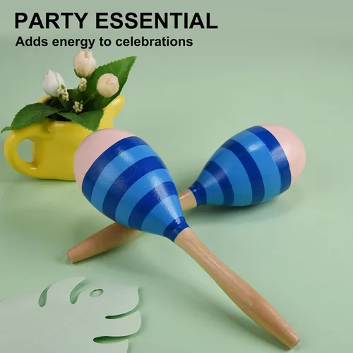 Vista 7 de Maracas para adultos y niños, 2 unidades de 9 pulgadas de maraca de madera para recuerdos de fiesta, color azul