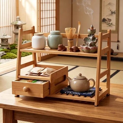 Vista 2 de Matcha Coffee Tea Station con cajón y soporte para bolsitas de té Madera