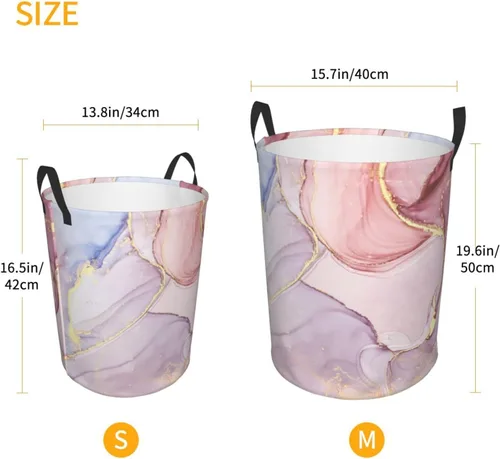 Vista 5 de Papelera de almacenamiento circular Protable con estampado de mármol púrpura y dorado, cesta para ropa sucia con asas ropa de dormitorio