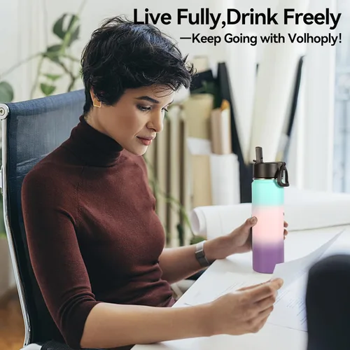 Vista 7 de Volhoply Botellas de Agua Aisladas con Pajita a Granel Paquete de 2, Botella Deportiva de 22 oz con Tapa con Asa, Botellas de Agua al Vacío de Doble