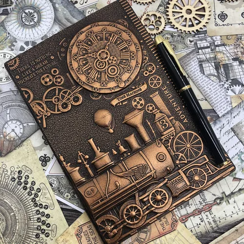 Vista 6 de Diario de Escritura de Cuero Repujado con Tren Vintage con Juego de Bolígrafos, Libreta Diaria Antigua Hecha a Mano Cuaderno de Bocetos, Diarios