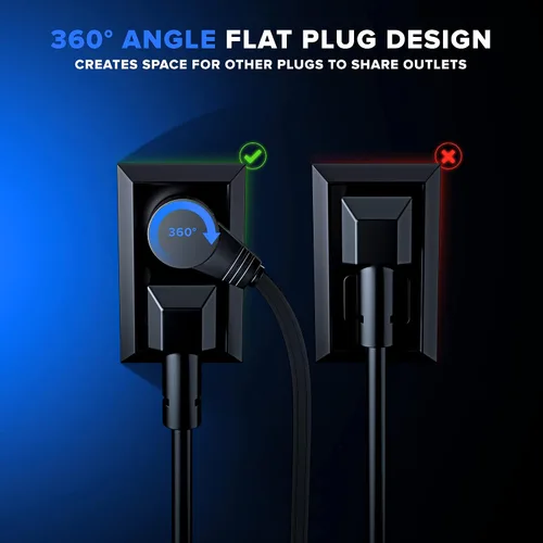 Vista 3 de Maximm Cable de extensión de 1 pie con puertos USB, enchufe plano giratorio 360, 3 salidas (2 puertos USB), conectado a tierra (negro)