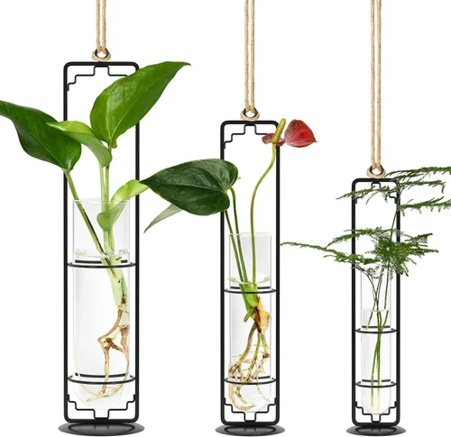 Vista 7 de MIPON Estación de propagación de plantas colgantes de metal, maceta hidropónica de tubo de ensayo de vidrio de 3 tamaños, soporte bohemio para Negro
