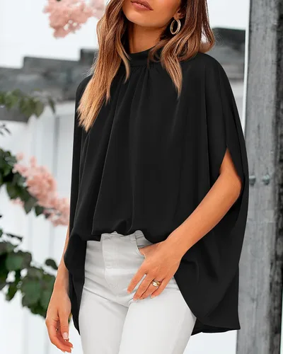 Vista 142 de BTFBM Blusas de verano para mujer, cuello alto falso, manga murciélago, holgadas, dobladillo alto y bajo, blusas informales de gran