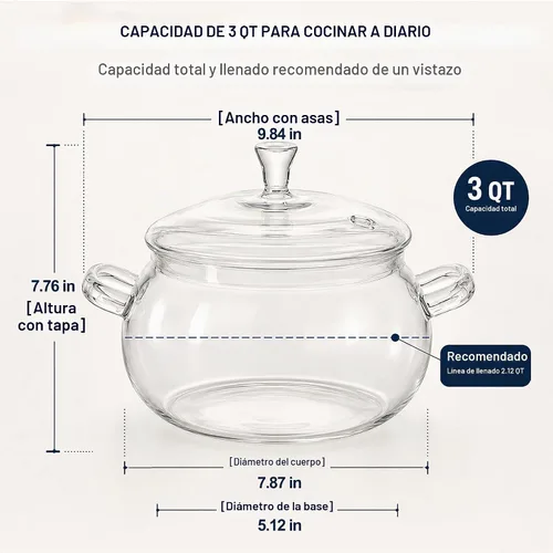 Vista 2 de Olla de vidrio de borosilicato, cacerola de 2.5 cuartos con tapa, apta para microondas, estufa y lavavajillas