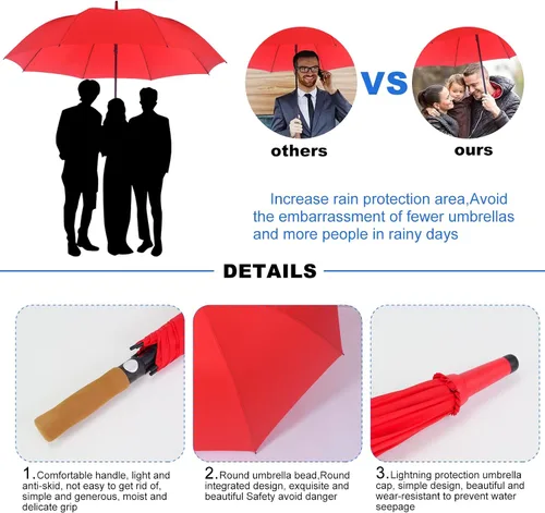 Vista 6 de KoKoBin Paraguas de lluvia de gran tamaño abierto automático para hombres mujeres palillo paraguas, Rojo