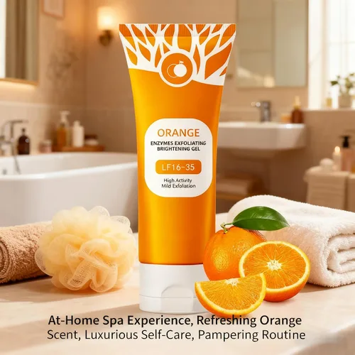 Vista 5 de Paquete de 2 gel exfoliante de enzima naranja para rostro y cuerpo, exfoliante suave para refinar la piel y desatascar los poros, hidratante diario