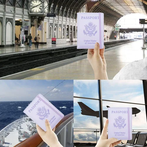 Vista 7 de Soporte para pasaporte y tarjetero de vacuna, cartera para pasaporte, funda para pasaporte con bloqueo RFID, Púrpura, Compacto