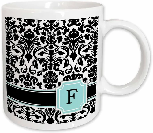 Vista 9 de 3dRose Letter F personal monogrammed mint blue black and white damask pattern - classy personalized initial 11oz Two-Tone Blue Mug