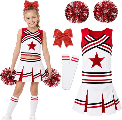 Vista 6 de lontakids Disfraz de animadora de 5 piezas con rayas en contraste para Rosa Rojo