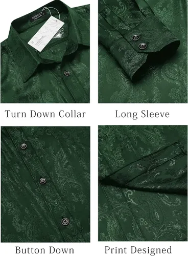 Vista 5 de COOFANDY Camisa de vestir con estampado floral para hombre, camisas de manga larga con botones de cachemira para boda, fiesta, baile de graduación