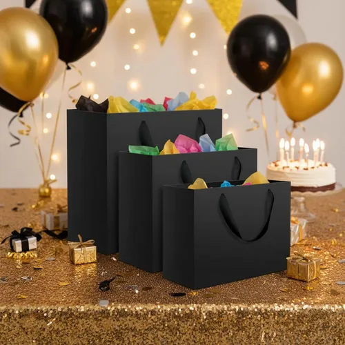 Vista 5 de Lincia 60 bolsas de papel negras con asas, tamaños surtidos grandes de 11 pulgadas, medianas de 8 pulgadas, pequeñas 7 pulgadas, bolsas de regalo