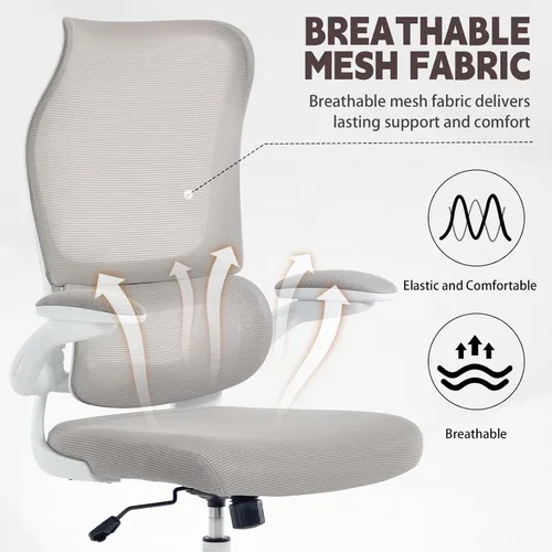 Vista 4 de Silla de oficina ergonómica, silla de escritorio de malla transpirable con respaldo alto para computadora con soporte lumbar ajustable y Blanco