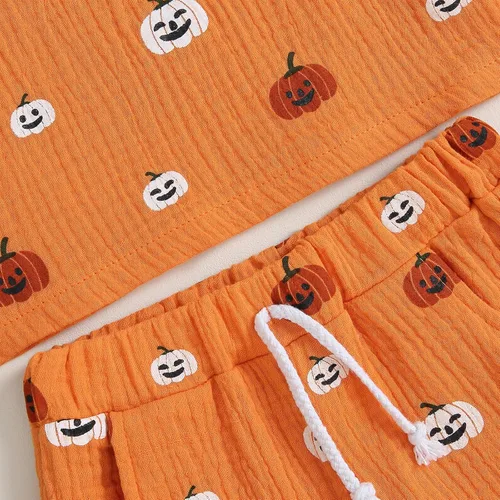 Vista 5 de Traje de Halloween para niño y niña, camisa de manga corta de calabaza, pantalones cortos, ropa de Halloween para niños y niñas