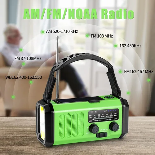 Vista 4 de Radio de emergencia con manivela de 10000 mAh, radio meteorológica NOAA con radio AM/FM y solar, batería recargable, linterna y luz de lectura