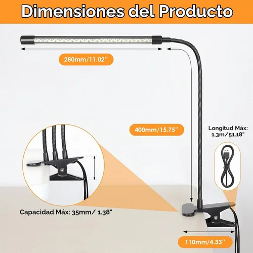 Vista 2 de ShineTech Lámpara de escritorio LED de 3 cabezales con abrazadera, luces
