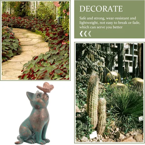 Vista 4 de SOLUSTRE Figuras en miniatura Estatua de gato de jardín, mariposa pegada en la nariz de gato, escultura conmemorativa de gato, figura conmemorativa