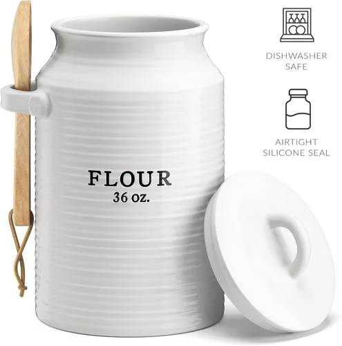 Vista 4 de Barnyard Designs - Tarro de harina decorativo para encimera de cocina, recipiente de cerámica para harina, tarro de granja rústico, blanco Tarro