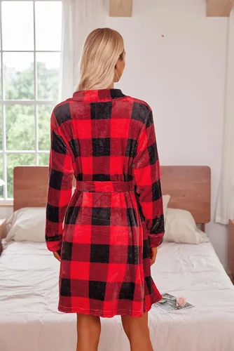 Vista 5 de Ekouaer Bata de baño de vellón para mujer, bata de manga larga, bata de felpa con cinturón adjunto, ropa de dormir suave, ropa de descanso
