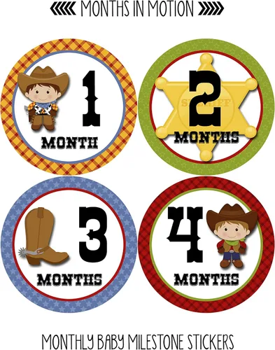 Vista 2 de Calcomanías mensuales para bebé, calcomanías de hitos mensuales, calcomanías del mes del bebé para niño, vaquero occidental, estilo 340