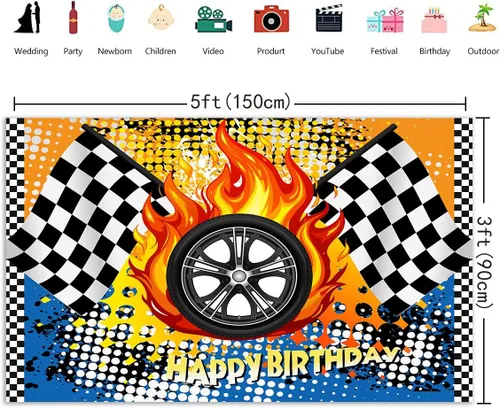 Vista 4 de Telón de fondo de fotos de ruedas de carreras de 5 x 3 pies para decoración de fiestas de cumpleaños infantiles con temática de carreras, carteles