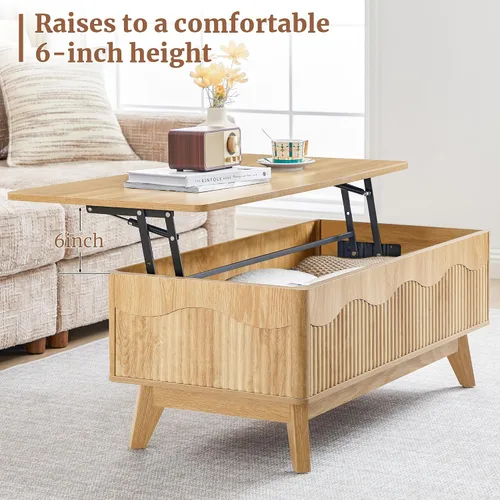 Vista 4 de BERRYMERRY Mesa de centro elevable con almacenamiento oculto, mesa de centro acanalada de granja con perfil ondulado, mesa central rectangular Roble