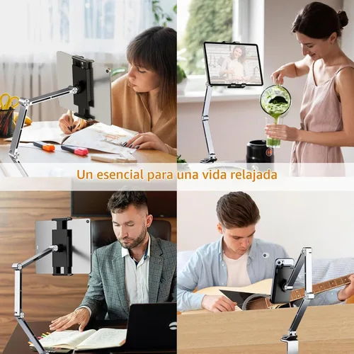 Vista 6 de Soporte para iPad para escritorio de aleación de aluminio, soporte plegable para tableta, soporte para brazo superior, compatible con teléfono