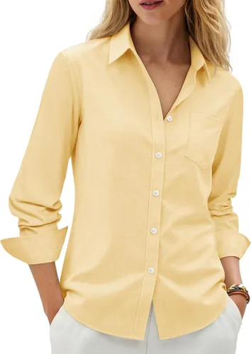 Vista 17 de siliteelon Camisas con botones para mujer, camisa Oxford de algodón, camisa de vestir de manga larga, blusas de trabajo con bolsillo